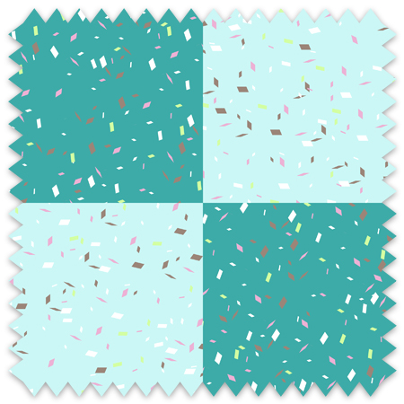 The artwork is a geometric pattern composed of alternating squares in two shades of teal. The squares form a checkerboard layout with a consistent arrangement across the entire piece. Each square is textured with small, scattered confetti-like specks in various colors, including white, red, yellow, and purple, adding a dynamic and festive element to the otherwise orderly grid pattern. The overall effect is a balanced interplay between structured form and playful detail.